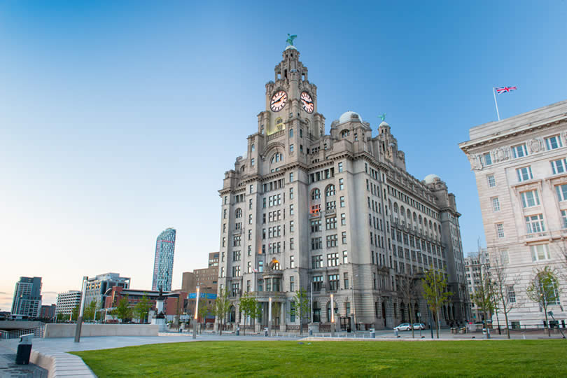 Liver Building and Clocktower in Liverpool England