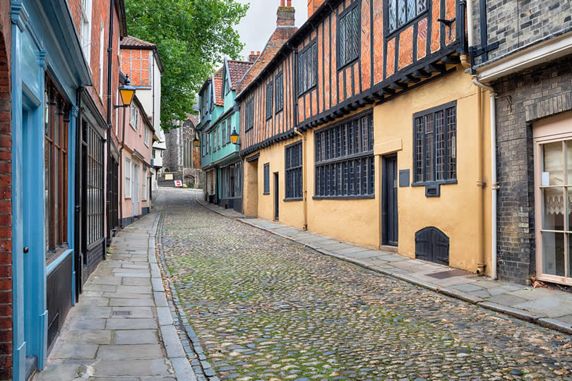 Cobbled street at Elm Hill in Norwich UK