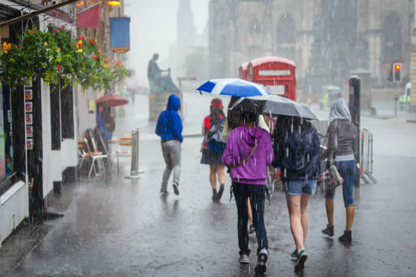 People walking in rain Britain