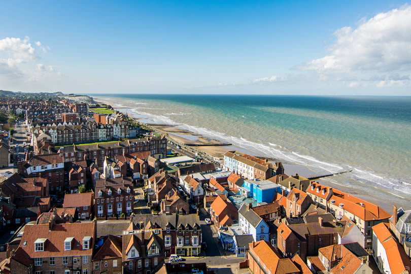 Aerial view of Cromer town centre and beach