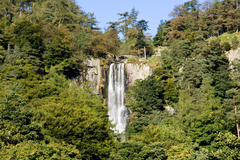 Pistyll Rhaeadr waterfall nearby Llanrhaeadr-ym-Mochnant in Powys